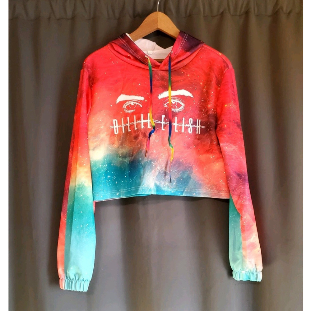 BILLIE EILISH Long Sleeve Galaxy Juinors Crop Hoodie Size Lg Beanie Hat Bundle - Picture 2 of 7